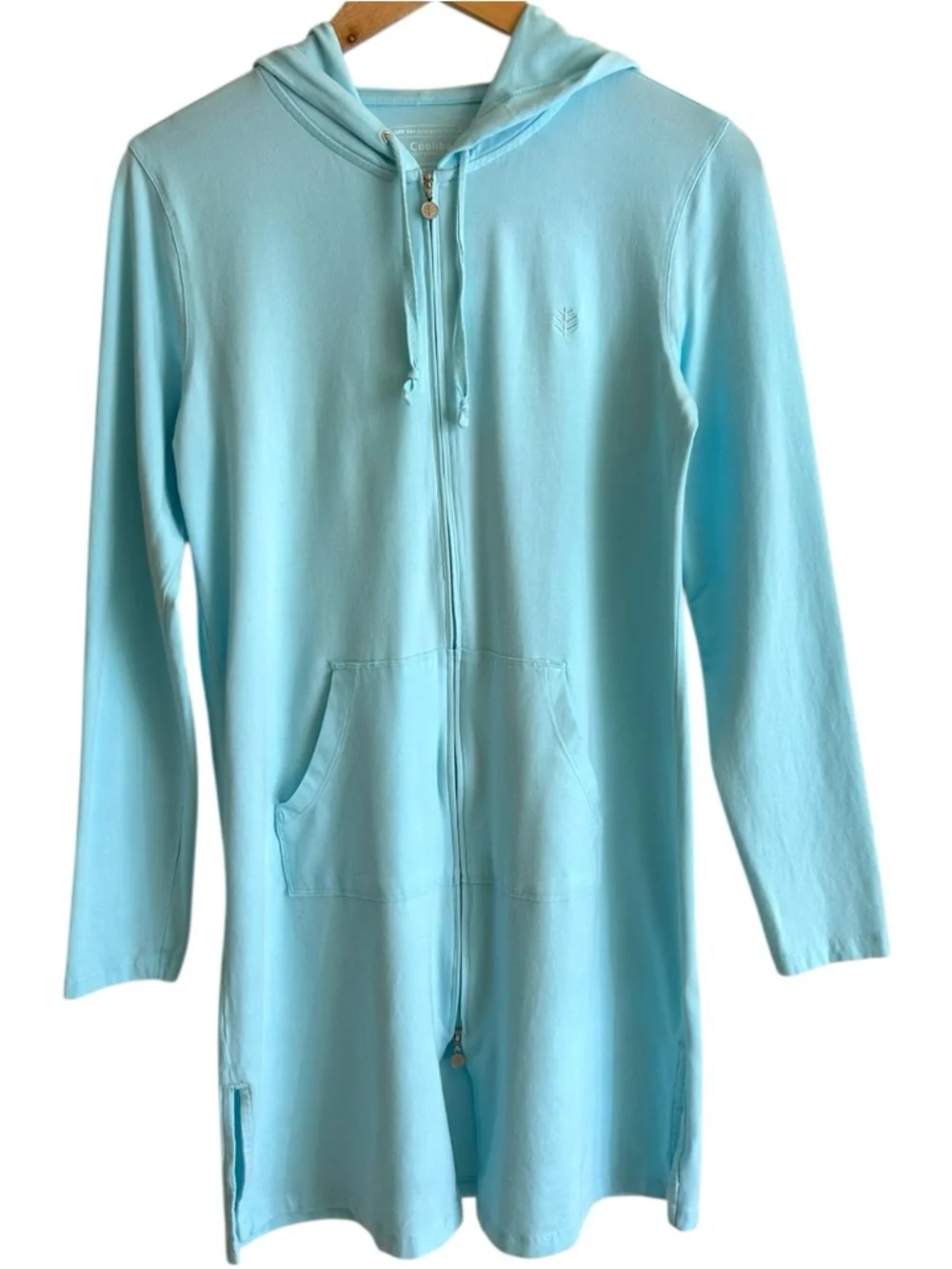 Coolibar Cabana Long Zip Front Hoodie Teal UPF 50+ Sun Protection Top Swim Cover - Picture 3 of 16